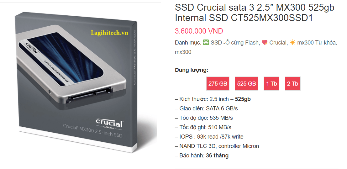 Ổ Cứng SSD Crucial MX300 525gb