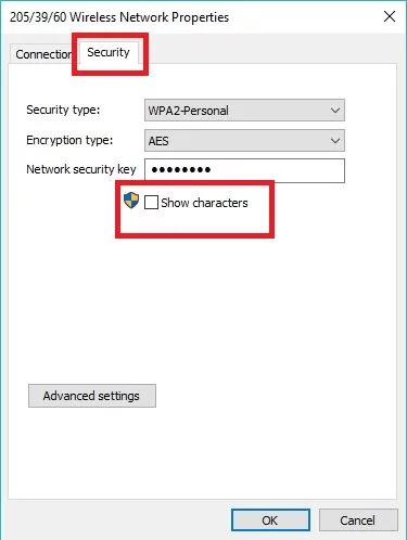 chọn mục Security --> rồi click vào Show characters > mật khẩu sẽ hiển thị ở mục Network security key chọn mục Security --> rồi click vào Show characters > mật khẩu sẽ hiển thị ở mục Network security key