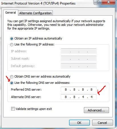 Chọn Use the following DNS Sever addresses và nhập DNS