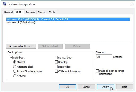 Sử dụng System Configuration để vào Safe Mode win 10