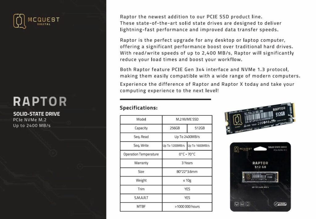 SSD McQuest Raptor 512GB M2 2280 PCIe NVMe Gen 3x4 | LagiHitech.vn